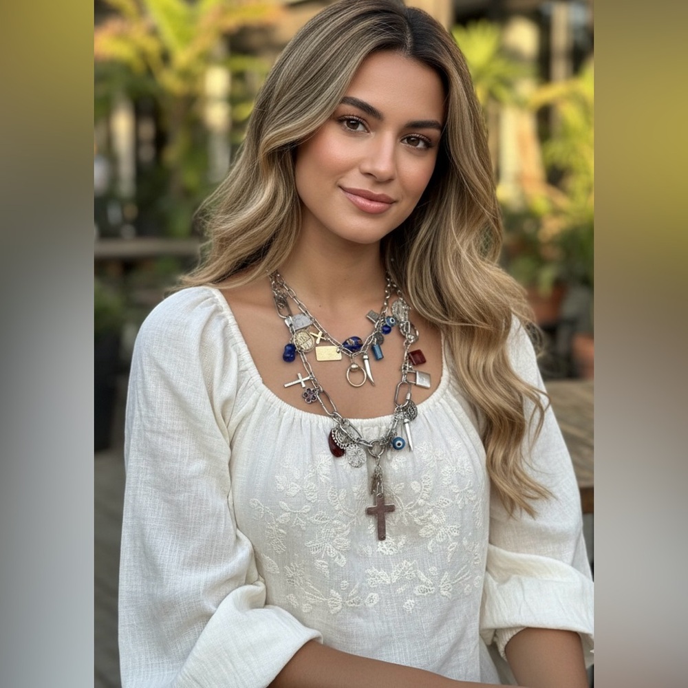 Free People Bohemian Multi-Charm Layered Necklace Silver Tone NWT